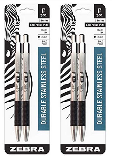 (2) Zebra Pen F-301 Bold Ballpoint Retractable Pens, 1.6mm Point Size, Black Ink, 2-Pack (27312)