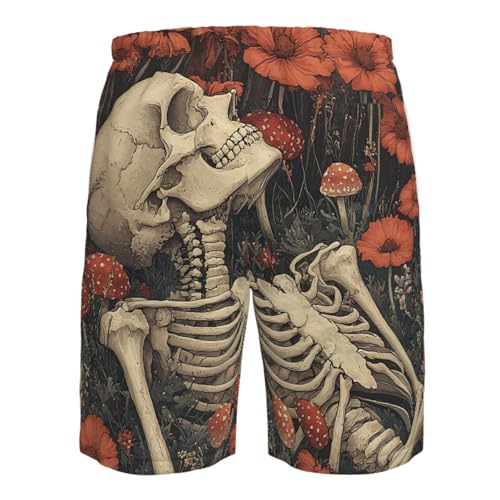 Men's Swim Trunks Bathing Suit Quick Dry Beach Board Shorts - Skeleton Retro Skull Mushroom Flowers4