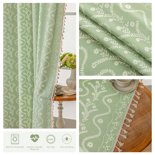 Image of Boho Curtains 84 Inch Long for Living Room, Bedroom, 2 Panels Floral Farmhouse Vintage Tassel Semi Sheer Light Filtering Privacy Window Curtain Drapes with Rod Pocket,Light Green