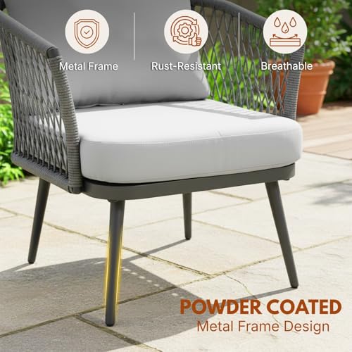 Image of DEVOKO Rope & Iron 3 Piece Patio Garden Outdoor Rope Bistro Set Handwoven Furniture With All Weather Cushioned Chair & Table For Balcony, Lawn, Backyard, Pool (Grey)