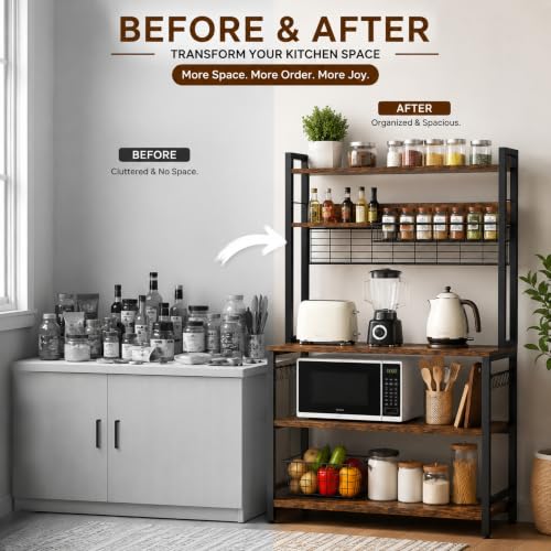 Image of 5-Tier Kitchen Organizer Rack-Multipurpose Microwave Stand for Kitchen Platform & OTG Oven-Steel Utensils Storage Shelf with Hooks - Engineered Wood & Metal Rack for Home- 100x40x170 cm - Rustic Brown