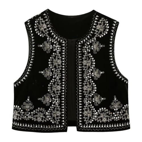 Image of Women Vintage Floral Embroidered Vest Y2K Sleeveless Open Front Cardigan Boho Linen Cropped Waistcoat