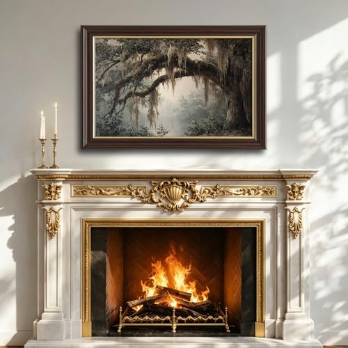 Image of Antique Framed Spanish Moss Oak Canvas Wall Art, Southern Forest Landscape Oil Painting Canvas Prints, Vintage Nature Wall Decor Pictures for Living Room Bedroom Bathroom