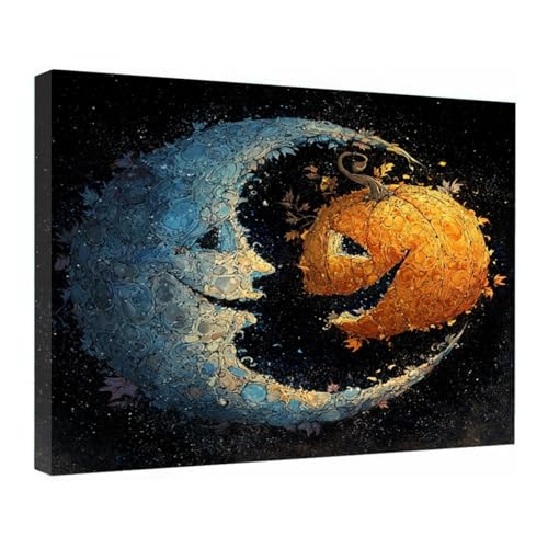 Toile lune citrouille art noir 14 avec cadre en bois 50x75