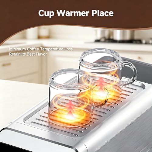 Image of AMZCHEF 20 Bar Compact Home Espresso Coffee Machine, Matte Silver | LED Touch Screen, Auto Milk Frother, Stainless Steel Body, Makes Latte & Cappuccino, Ideal for Coffee Beginners