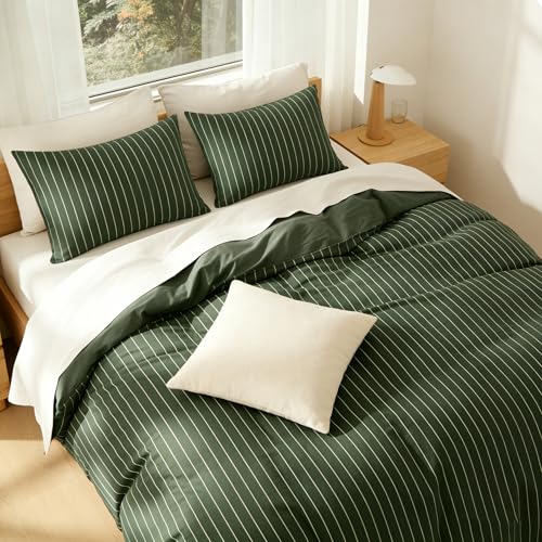 Image of Green Striped Duvet Cover Full Size Olive Green Stripes Reversible Bedding Set Vertical Ticking Stripes Soft Breathable Microfiber Comforter Cover Set with Zipper Closure and 2 Pillowcases