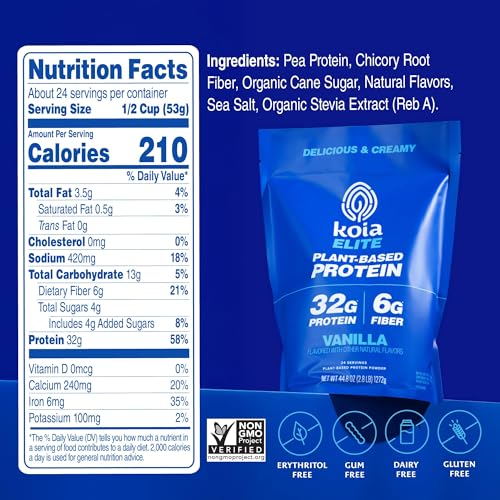 Image of Koia Plant Based Protein Elite Powder, Vanilla, 32g Protein, 4g Sugar, 6g Prebiotic Fiber, Pre & Post Workout, 21 Vitamins & Minerals, Dairy-Free, Gluten-Free, Non-GMO, 24 Servings, 44.8 Oz