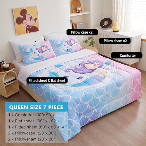 Image of Little Mermaid Bedding Queen Sets for Girls 7 Piece,3D Colorful Tail Comforter Set for Girls, Ultra Soft and Fluffy, Pink Blue Ocean Bed in a Bag with Comforter Sheets Pillowcase & Sham