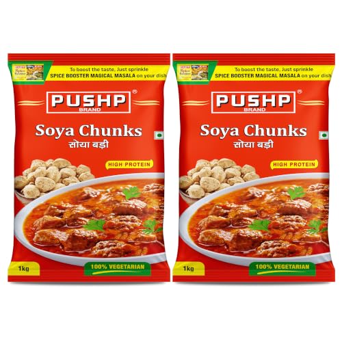 Image of PUSHP Soya Chunks 1kg (Pack of 2) | High Protein & Fiber rich Soyabean Wadi | Nutri Nuggets for Curry, Biryani & Snacks | 100% Vegetarian Soyabean Chunks