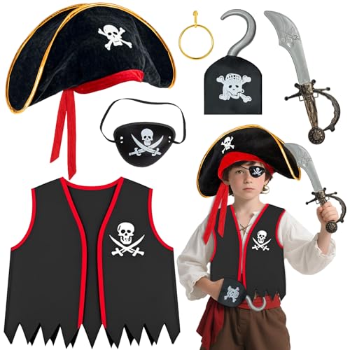 Bryndo Kids Pirate Costume Set Boys Pirate Captain Dress Up Kit with Hat Vest Sword Hook Eye Patch Earring Fancy Dress for Halloween Birthday Party Role Play