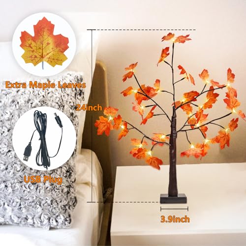 EEW 2FT Lighted Maple Tree, Artificial Tabletop Lamp with Timer, Warm White Pre-lit LED Fall Maple Tree USB/Battery Operated for Indoor Outdoor, Electric Lights for Christmas Tree