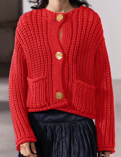 Yimoon Women's Cropped Cardigan Sweater Button Down Long Sleeve Chunky Knit Cardigan Fall Open Front Sweater Coat with Pocket(Red-L), Large3
