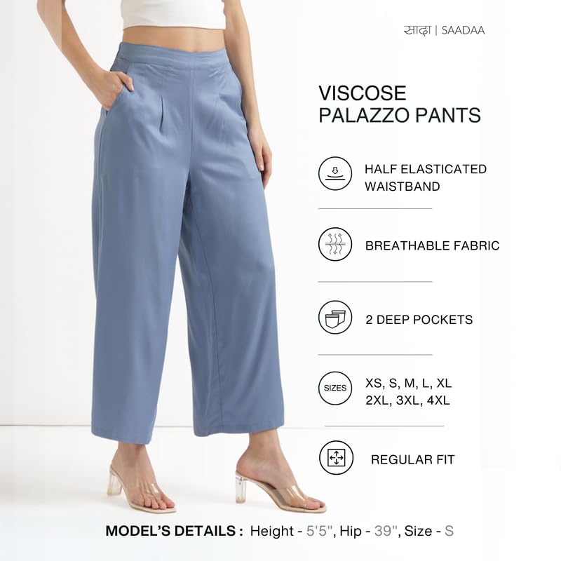 Image of SAADAA Palazzo Pants for Women Half-Elasticated Waistband | Palazzo for Women in Soft Viscose Fabric | Regular Fit with Mid Rise Waist & Deep Pockets | Versatile for Formal & Casual Wear
