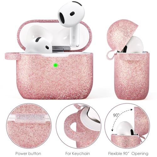 Image of Case for Apple Airpods 4 - VISOOM Airpods 4 Cases 2024 Cover Women Anti-Drop Silicone iPods 4 Earbuds Wireless Accessorie Charging Cases Girl Bling Keychain for Airpod iPods 4th Generation