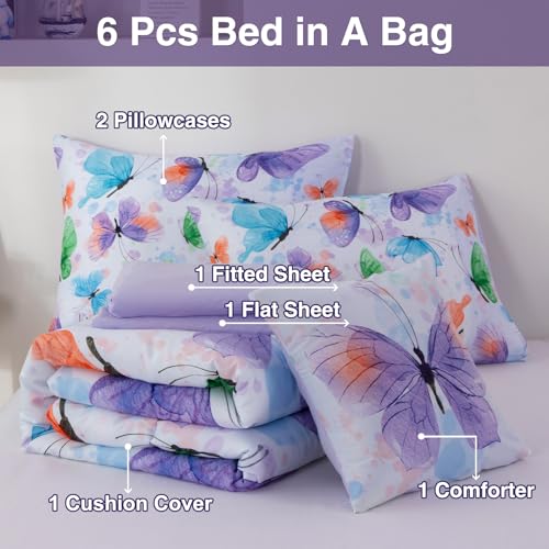 Image of A Nice Night 6pcs Bed in A Bag Watercolor Ink Wash Tie-Dye Butterfly Flying Printed, Butterflies Bedding Comforter Set, Purple Green Twin