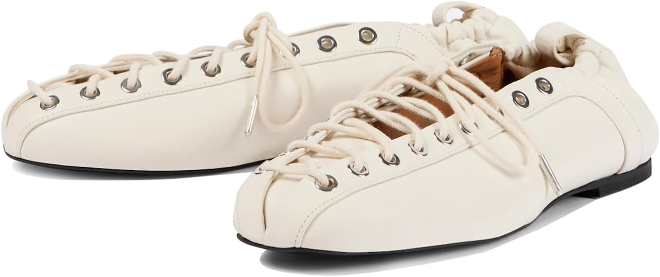 Women's Leather Ballet Flats, Square Closed Toe Lace-Up Flat Shoes, Fashion Dress Work Comfort Slip On Shoes with Elastic Backstrap