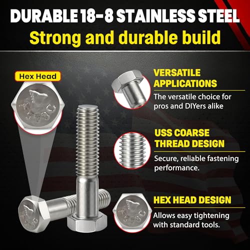Image of Chenango Supply 3 /8-16 x 1-3 /4 inch Stainless Steel Hex Head Bolts - 304 Stainless, USS Coarse Thread, 100,000-125,000 PSI Tensile Strength, Corrosion-Resistant Hardware Bolts, (25 Pieces, 3 /8-16 x 1.75)