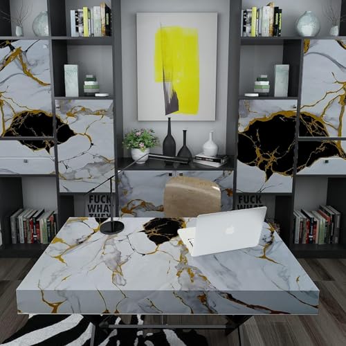 Image of VOOY Self-Adhesive Kitchen Wallpaper, PVC 3D Wall Sticker Oil Proof & Waterproof, Kitchen Backsplash Stickers Wallpaper Navy Blue and Golden Marble Pattern (60cm x 200cm) (Pack of 2) (TS-79)
