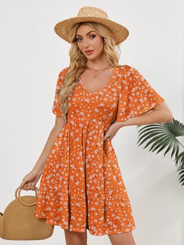 Image of UEAL Womens Cute Floral Smocked V Neck Flutter Sleeve Sundress with Pockets Casual Spring Summer Dresses for Women 2026