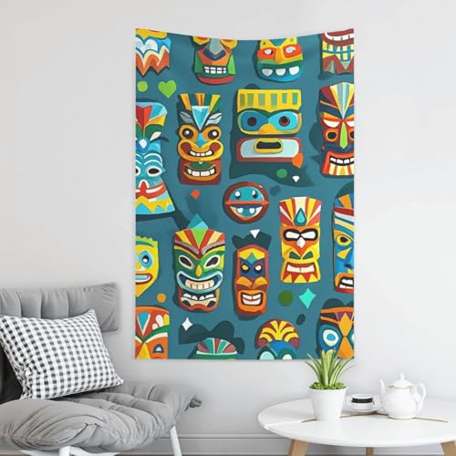 Tapisserie murale sans dommage masque Tiki coloré déco velours pêche - 6