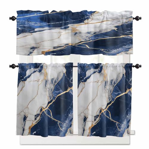 Marble Navy Blue Kitchen Curtains 36 Inch Length,3 Piece Rod Pocket Small Half Tiers and Valance Set,Abstract Gold White Brick Stone Motif Small Large Window Treatment Decor for Bedroom/Bathroom Sink