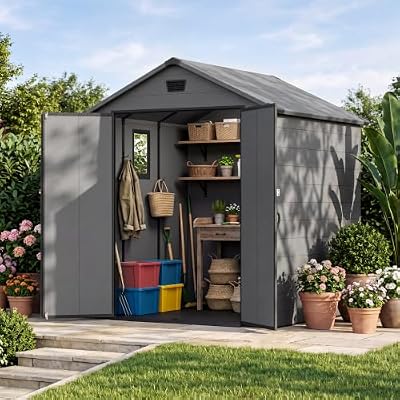 Devoko 6X6 FT Plastic Outdoor Storage Shed with Floor, Dark Gray