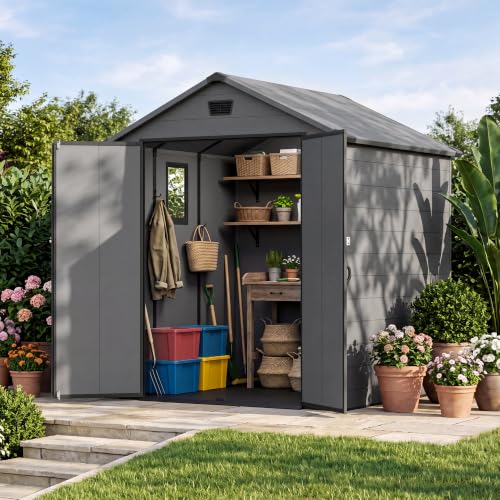 Image of Devoko 6X6 FT Plastic Outdoor Storage Shed with Floor, Dark Gray