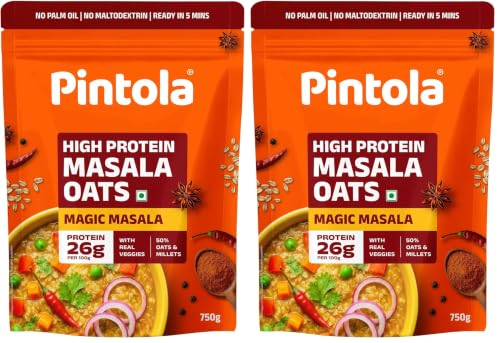 Image of Pintola 26g High Protein Masala Oats 750g, Magic Masala, Breakfast Cereal with High Fiber & Veggies, No Palm Oil, No Preservatives, 5 min Healthy Snack, Helps Manage Weight, Gym Endurance & Gut Friendly