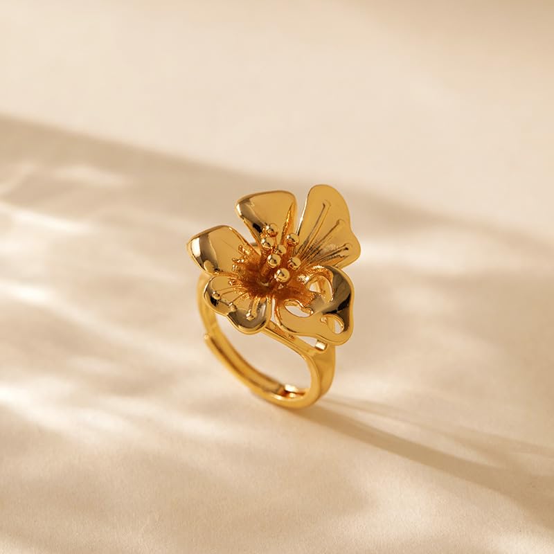 Vintage Gold Flower Ring for Women Adjustable Statement Trendy Floral Finger Rings Elegant Wedding Promise Band Stackable Comfort Fit Summer Beach Bohemian Holiday Chic Jewelry for Her4