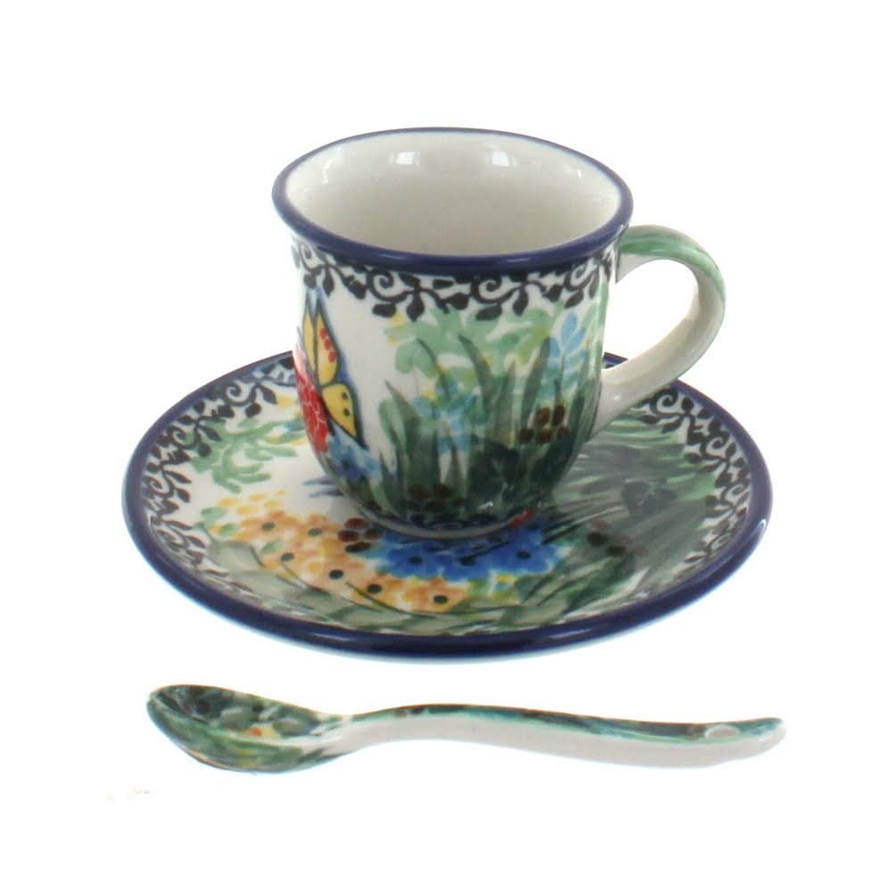Blue Rose Polish Pottery - Green Teresa Espresso Cup & Saucer with Spoon - 2.5 oz Cup - Unique Mug & Saucer, Perfect for Breakfast