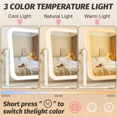 Image of FENNIO Vanity Mirror with Lights 17''x13'' Makeup Mirror with Lights,Vanity Mirror Touch Screen with 3-Color Lighting,Dimmable,for Vanity Desk Tabletop White