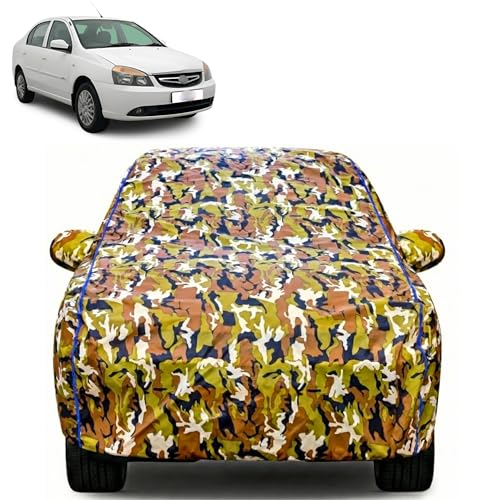 Image of Waterproof Car Body Cover for Tata Indigo with Mirror Pocket| Cotton Inner Lining | Triple Stitched | All Weather Protection | Dust, UV & Rain Proof (Camouflage with Blue Piping)