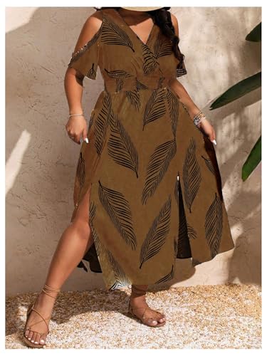 Image of Floerns Women's Plus Size Cold Shoulder Tropical Print V Neck Flared A Line Long Dress
