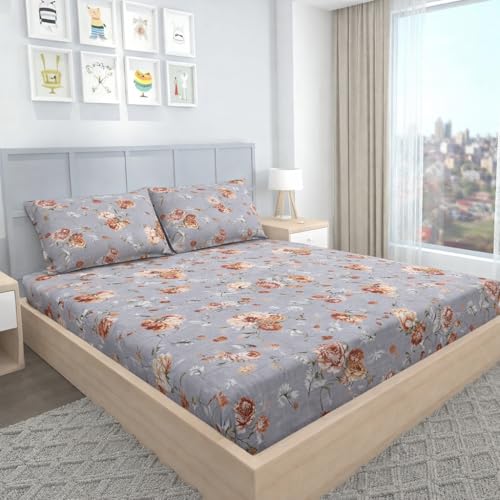 Image of BEVI - Home Super Fabric 300 TC Microfiber Single Bedsheet Without Pillow Cover - Printed Grey Flower - Size 60x90 inches