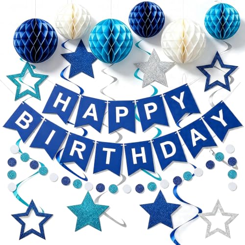 Image of Blue Birthday Decorations for Men | Pre-Strung Happy Birthday Banner with Honeycomb Balls, Circle Dots & Streamers Kit