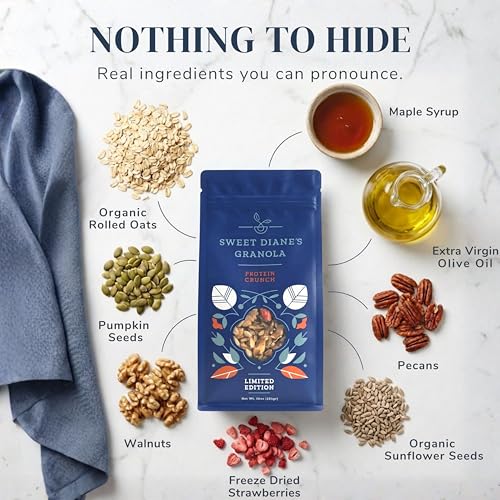 Image of Sweet Diane's Granola - Standard Size (10 oz): Organic, Low-Sugar, High-Fiber, Gluten-Free, Vegan, Delicious Breakfast and Snack Topper (Classic Size, Protein Crunch)