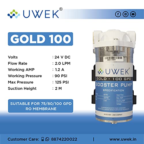 Image of UWEK Gold RO Booster Pump 100 GPD & Supply Adapter 24V Combo, Compatible With Storage Type Water Purifiers, 1 Year Warranty