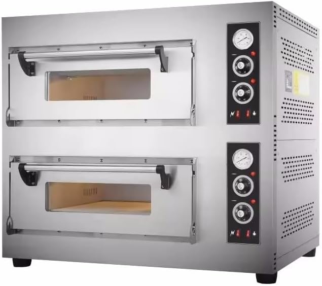 Commercial Gas Pizza Oven, Double Deck, 8 × 12" Pizza Capacity, 320–932°F, Stainless Steel, Adjustable Thermostat, for Restaurant, Bakery, Pizzeria – Model BSR-202Q