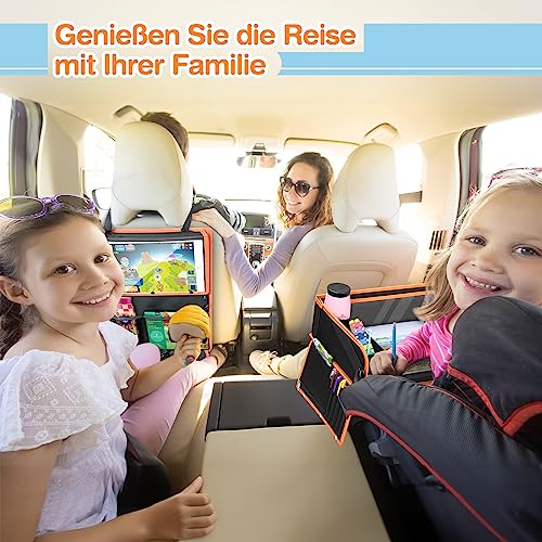 lenbest Doppelfunktion Kinder Reisetisch, Knietablett Reisetisch(Auto Rückenlehnenschutz) mit Transparenter Zeichnungsfilm, 5 Zeichnungsplatten und 6 Farbpens - Schwarzes/Orange