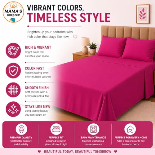 Image of Double Size Bed Sheet - 600 Thread Count Single Flat Sheet Only - Long Staple Egyptian Cotton Top Sheet Wrinkle & Fade Resistant - Hot Pink