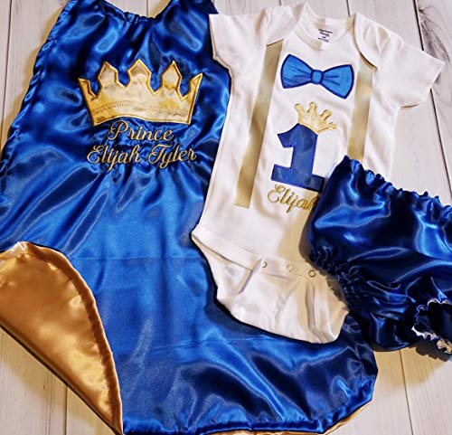 1st 2nd Birthday KING or PRINCE Royal Blue gold crown onesie cape Blue diaper cover