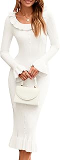 Womens Bell Long Sleeve Sweater Dress Casual Ribbed Knit Ruffle Crewneck Decor Button Bodycon Midi Dresses