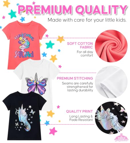 Image of MISS POPULAR Girls 3-Pack Super Soft Short Sleeve T-Shirts Unicorn Butterfly Glitter Print Cute Design| Sizes 7-16