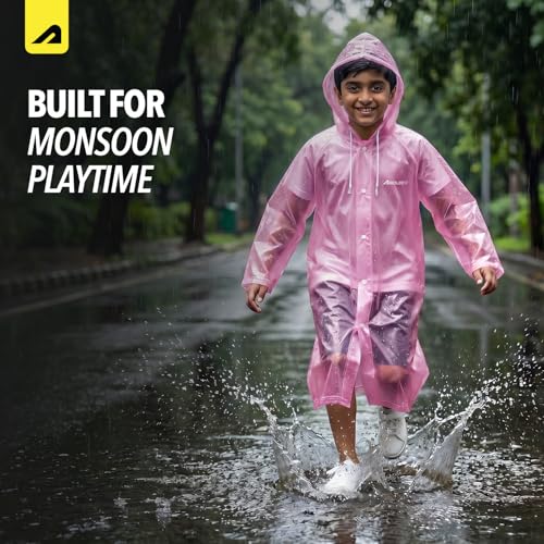 Image of Boldfit Raincoat for Kids Smart Back Long Raincoat with Hood Waterproof Rain Coat for Boys & Girls Lightweight School Poncho Jacket with Pockets & Buttons