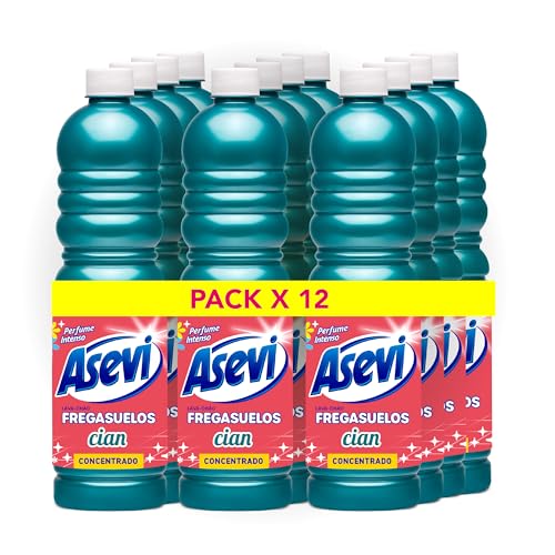 Asevi Fregasuelos Perfumado Cian - Friegasuelos Concentrado con Aroma a Flores Blancas - Limpieza e Higiene - Limpiasuelos con pH Neutro para Todo Tipo de Suelos - 12 x 1 Litro