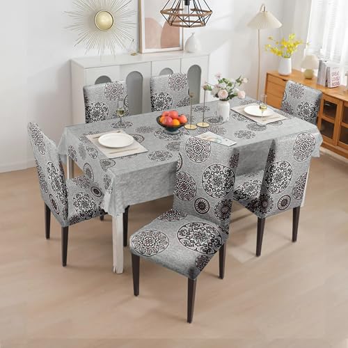 Image of Amazon Basics Dining Table Cover with 6 Chair Covers|Table Cover: 100% Polyester Woven Fabric 140 GSM, 220Cm X 140Cm|Chair Cover: 95% Polyester & 5% Spandex 110 GSM, 50Cm X 40Cm|Grey, Rectangular