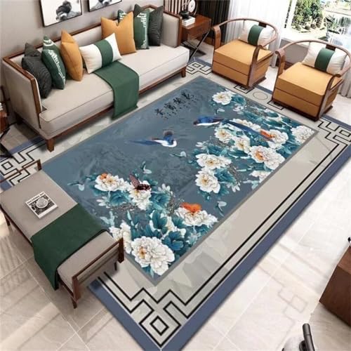 Tapis chambre ado fille bleu 90x120 motif ville et oiseaux