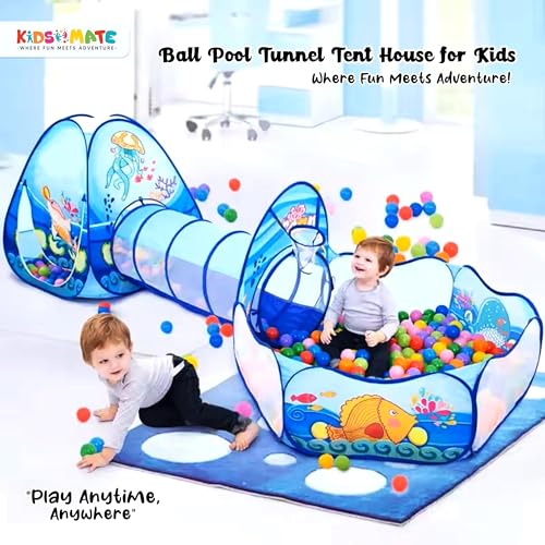 Image of Kidsmate 3-in-1 Ball Pool Tunnel for Kids 1-5 Years | Foldable Pop-Up Tent with Crawling Tunnel, Ball Pit & Playhouse | Indoor /Outdoor Activity Toy for Boys & Girls | Balls Not Included - Blue