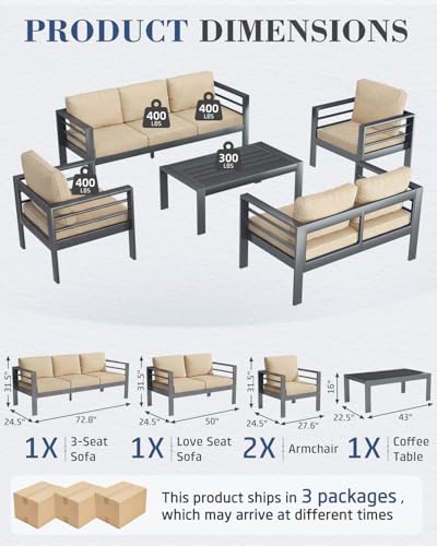 Image of AECOJOY Aluminum Patio Furniture Set, 7 Seats Modern Outdoor Furniture with Coffee Table, 5 Pieces Metal Conversation Sectional Sofa, Beige