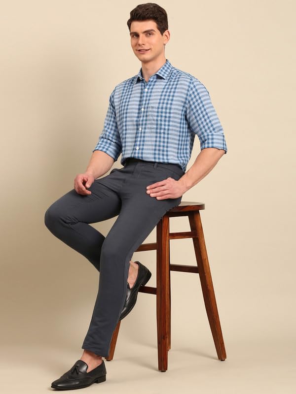 Image of Linen Club Men's Pure Linen Checked Contemporary Fit Full Sleeve Casual Shirt